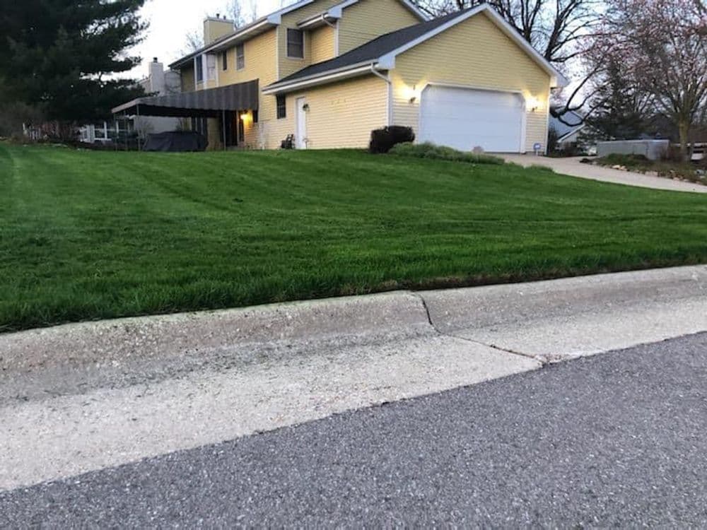 Well-maintained yellow house with green lawn and driveway on a quiet suburban street.