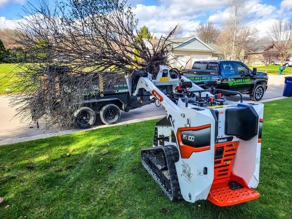Tree removal service using a Bobcat MT100 on a residential lawn with debris trailer in the background.