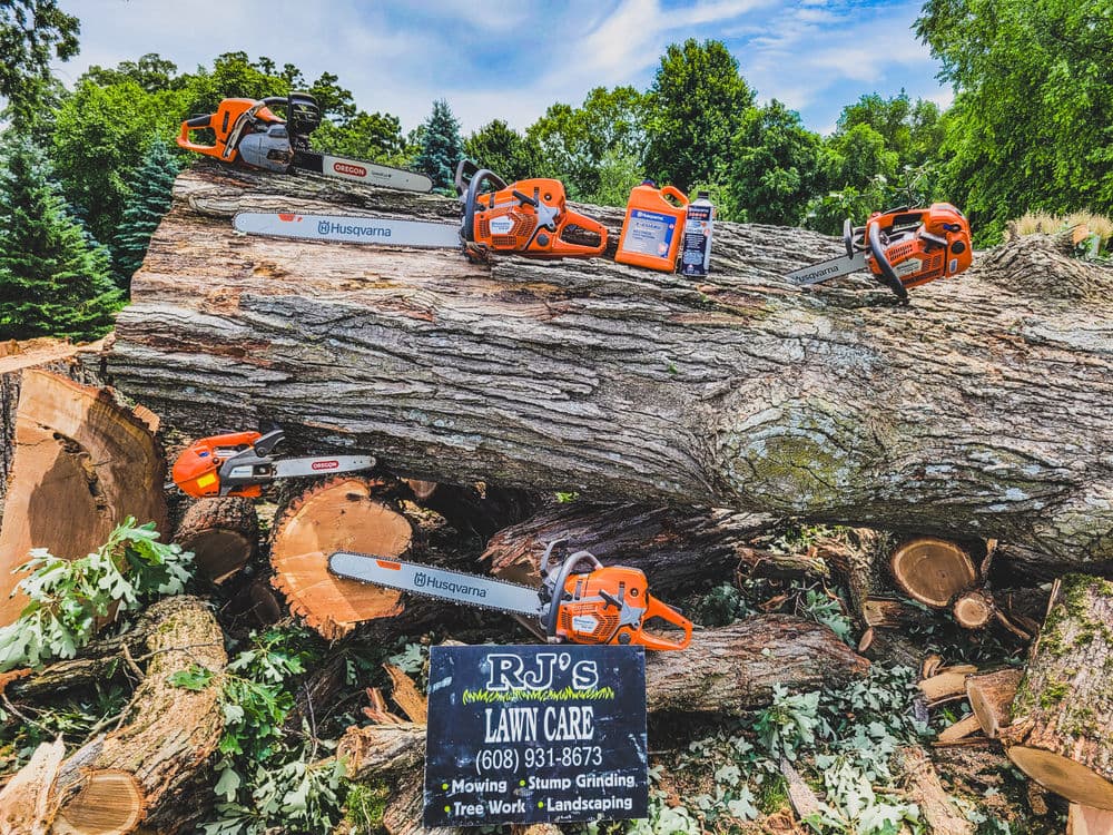 Wood logs with chainsaws and RJ's Lawn Care sign promoting tree work and landscaping services.