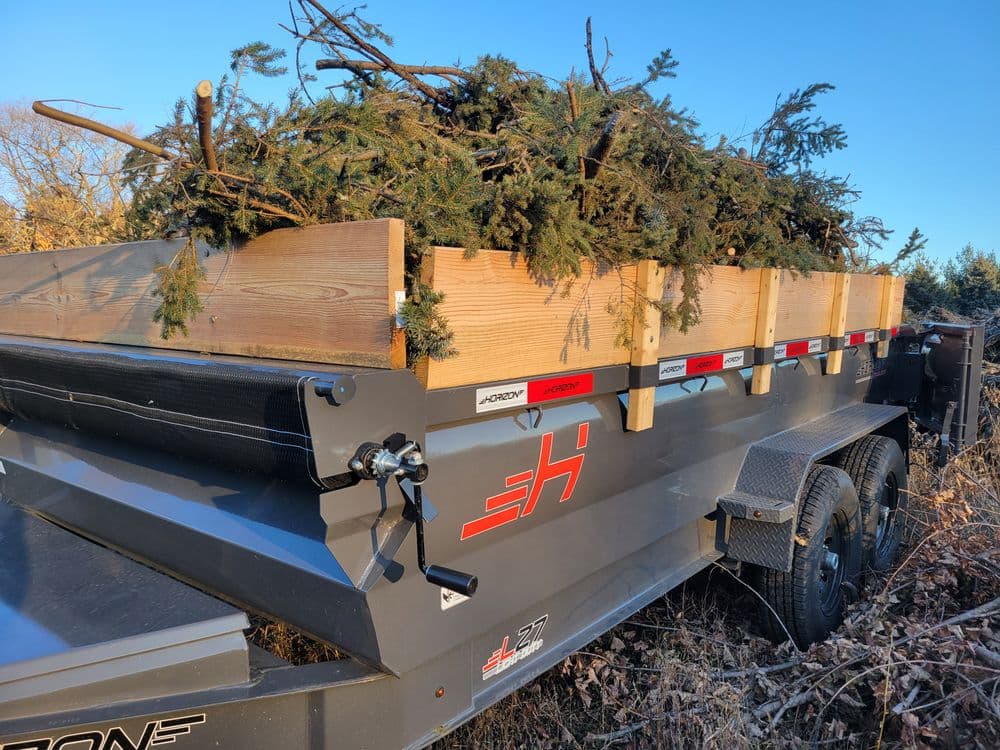 Dump trailer filled with branches and greenery against a clear blue sky.